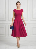 A Line Round Neck Short Sleeves Tea Length Cocktail Dresses with Bow