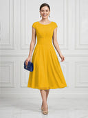 A Line Round Neck Short Sleeves Tea Length Cocktail Dresses with Bow