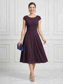 A Line Round Neck Short Sleeves Tea Length Cocktail Dresses with Bow