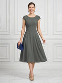 A Line Round Neck Short Sleeves Tea Length Cocktail Dresses with Bow