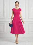 A Line Round Neck Short Sleeves Tea Length Cocktail Dresses with Bow