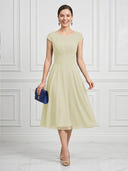 A Line Round Neck Short Sleeves Tea Length Cocktail Dresses with Bow