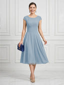 A Line Round Neck Short Sleeves Tea Length Cocktail Dresses with Bow