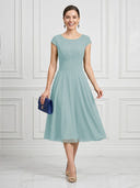 A Line Round Neck Short Sleeves Tea Length Cocktail Dresses with Bow