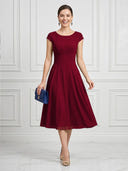 A Line Round Neck Short Sleeves Tea Length Cocktail Dresses with Bow