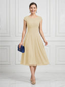 A Line Round Neck Short Sleeves Tea Length Cocktail Dresses with Bow
