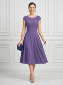 A Line Round Neck Short Sleeves Tea Length Cocktail Dresses with Bow