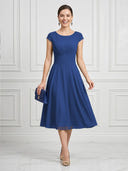 A Line Round Neck Short Sleeves Tea Length Cocktail Dresses with Bow