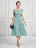 A Line Round Neck Short Sleeves Tea Length Cocktail Dresses with Bow