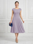 A Line Round Neck Short Sleeves Tea Length Cocktail Dresses with Bow