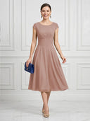 A Line Round Neck Short Sleeves Tea Length Cocktail Dresses with Bow