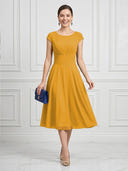 A Line Round Neck Short Sleeves Tea Length Cocktail Dresses with Bow