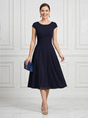 A Line Round Neck Short Sleeves Tea Length Cocktail Dresses with Bow