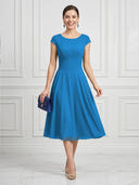 A Line Round Neck Short Sleeves Tea Length Cocktail Dresses with Bow