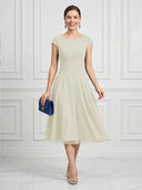 A Line Round Neck Short Sleeves Tea Length Cocktail Dresses with Bow