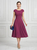 A Line Round Neck Short Sleeves Tea Length Cocktail Dresses with Bow