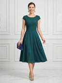 A Line Round Neck Short Sleeves Tea Length Cocktail Dresses with Bow