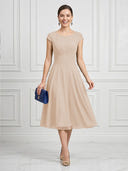 A Line Round Neck Short Sleeves Tea Length Cocktail Dresses with Bow