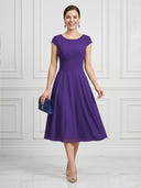 A Line Round Neck Short Sleeves Tea Length Cocktail Dresses with Bow