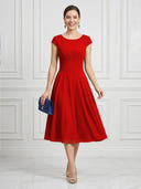 A Line Round Neck Short Sleeves Tea Length Cocktail Dresses with Bow