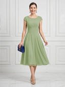 A Line Round Neck Short Sleeves Tea Length Cocktail Dresses with Bow