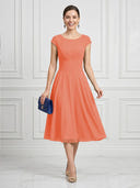 A Line Round Neck Short Sleeves Tea Length Cocktail Dresses with Bow