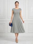 A Line Round Neck Short Sleeves Tea Length Cocktail Dresses with Bow