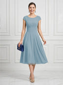 A Line Round Neck Short Sleeves Tea Length Cocktail Dresses with Bow