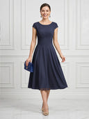 A Line Round Neck Short Sleeves Tea Length Cocktail Dresses with Bow