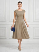 A Line Round Neck Short Sleeves Tea Length Cocktail Dresses with Bow