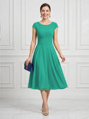 A Line Round Neck Short Sleeves Tea Length Cocktail Dresses with Bow
