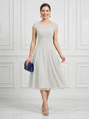 A Line Round Neck Short Sleeves Tea Length Cocktail Dresses with Bow