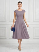 A Line Round Neck Short Sleeves Tea Length Cocktail Dresses with Bow