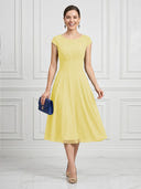 A Line Round Neck Short Sleeves Tea Length Cocktail Dresses with Bow