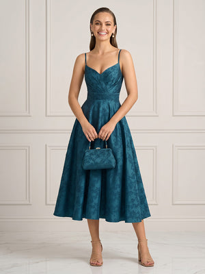 A Line V Neck Pleated Sleeveless Midi Length Cocktail Dresses
