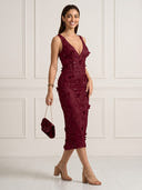Mermaid Deep V Neck Sleeveless Midi Length Cocktail Dresses with Flower