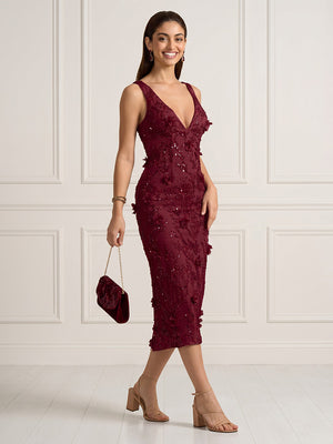 Mermaid Deep V Neck Sleeveless Midi Length Cocktail Dresses with Flower