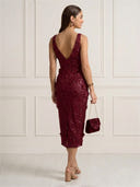 Mermaid Deep V Neck Sleeveless Midi Length Cocktail Dresses with Flower