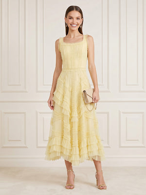 A Line Tiered Square Neck Sleeveless Midi Length Cocktail Dresses