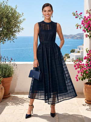 A Line Round Neck Sleeveless Midi Length Cocktail Dresses with Pockets