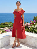 A Line Satin Off Shoulder Sleeveless Midi Length Cocktail Dresses with Slit