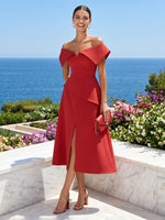 A Line Satin Off Shoulder Sleeveless Midi Length Cocktail Dresses with Slit