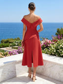 A Line Satin Off Shoulder Sleeveless Midi Length Cocktail Dresses with Slit