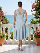 A Line Satin V Neck Sleeveless Tea Length Cocktail Dresses with Pockets
