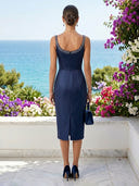 Mermaid Satin Square Neck Sleeveless Midi Length Cocktail Dresses with Bow
