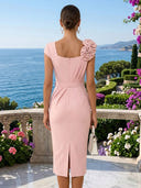 Mermaid One Shoulder Short Sleeves Midi Length Cocktail Dresses with Flower