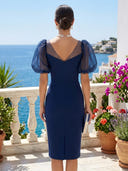 Mermaid Satin V Neck Puffy Sleeves Tea Length Cocktail Dresses