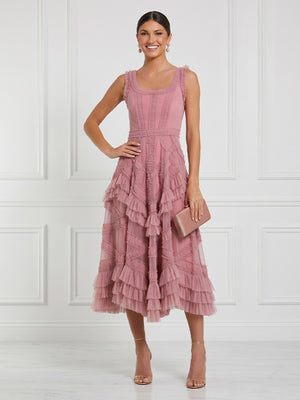 A Line Tulle Square Neck Sleeveless Midi Length Cocktail Dresses