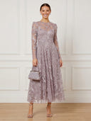 A Line Lace Round Neck Long Sleeves Ankle Length Cocktail Dresses