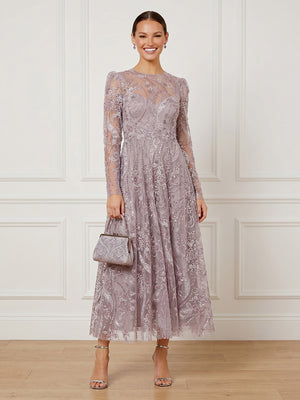 A Line Lace Round Neck Long Sleeves Ankle Length Cocktail Dresses